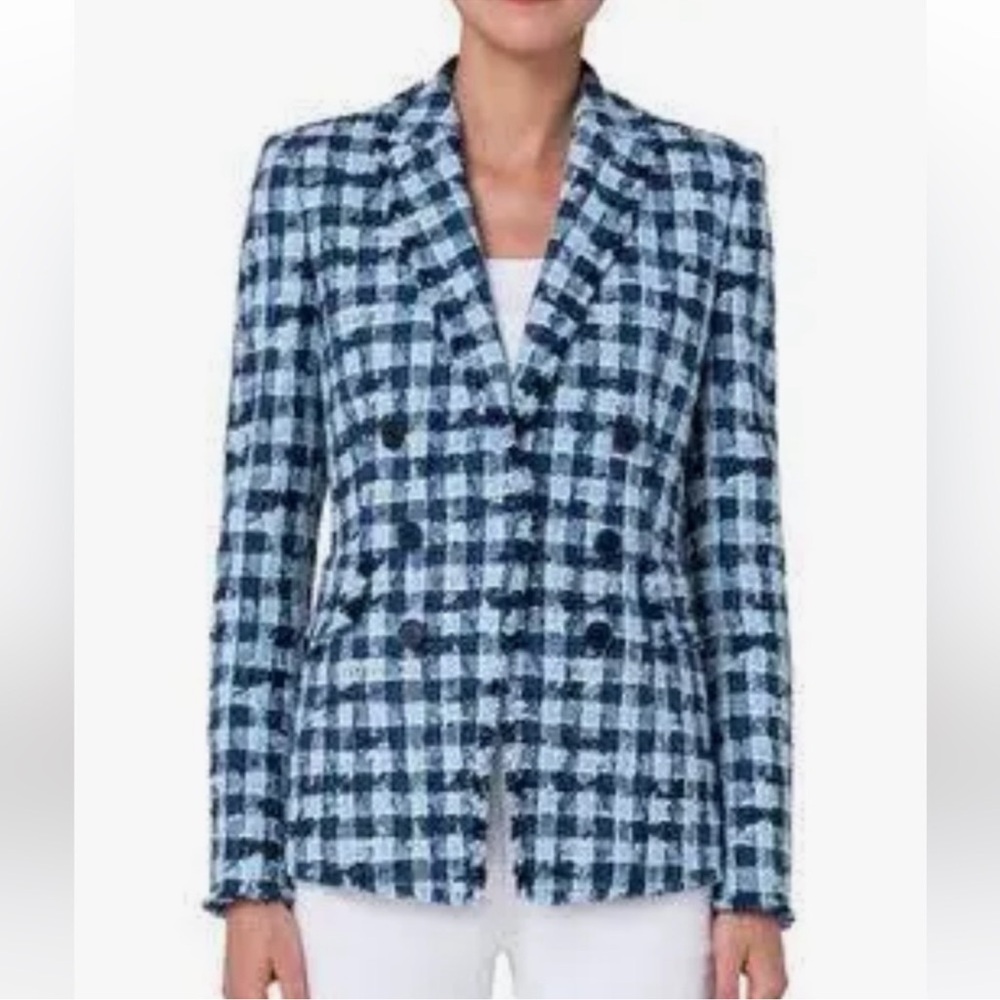 Akris Punto Blazer Women's 10 Double Breasted Plaid Check Frayed Hem Jacket Blue